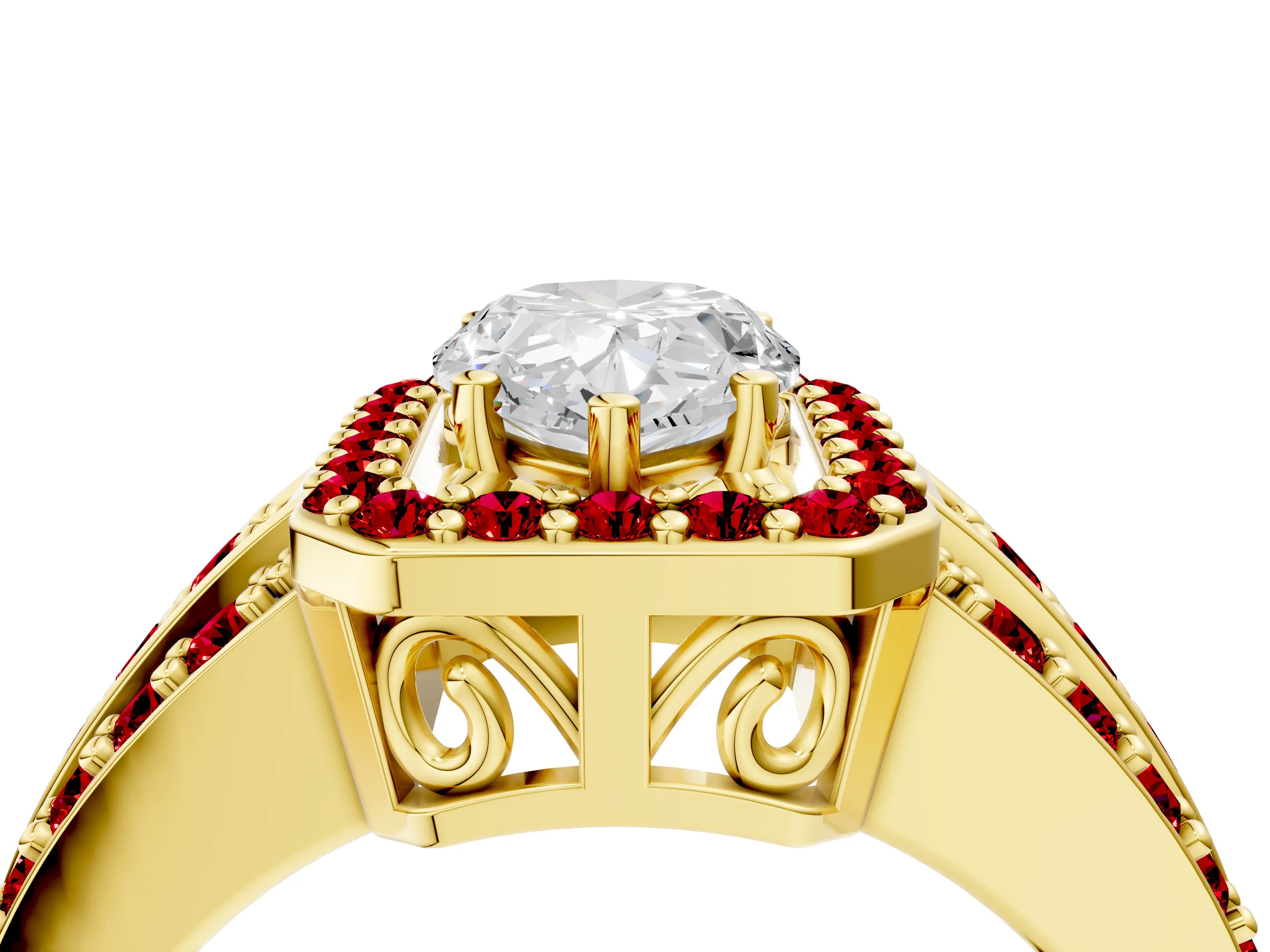 Yellow gold Pear Cut Halo Diamond Ring with Round with Ruby side stone Split Shank and Prong Setting_4