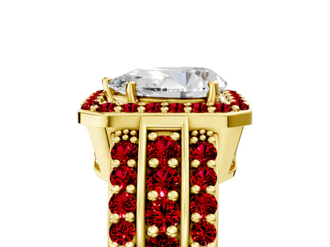 Yellow gold Pear Cut Halo Diamond Ring with Round with Ruby side stone Split Shank and Prong Setting_5