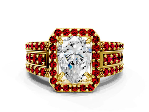 Yellow gold Pear Cut Halo Diamond Ring with Round with Ruby side stone Split Shank and Prong Setting