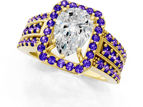 Yellow gold Pear Cut Halo Diamond Ring with Round with Tanzanite side stone Split Shank and Prong Setting_1