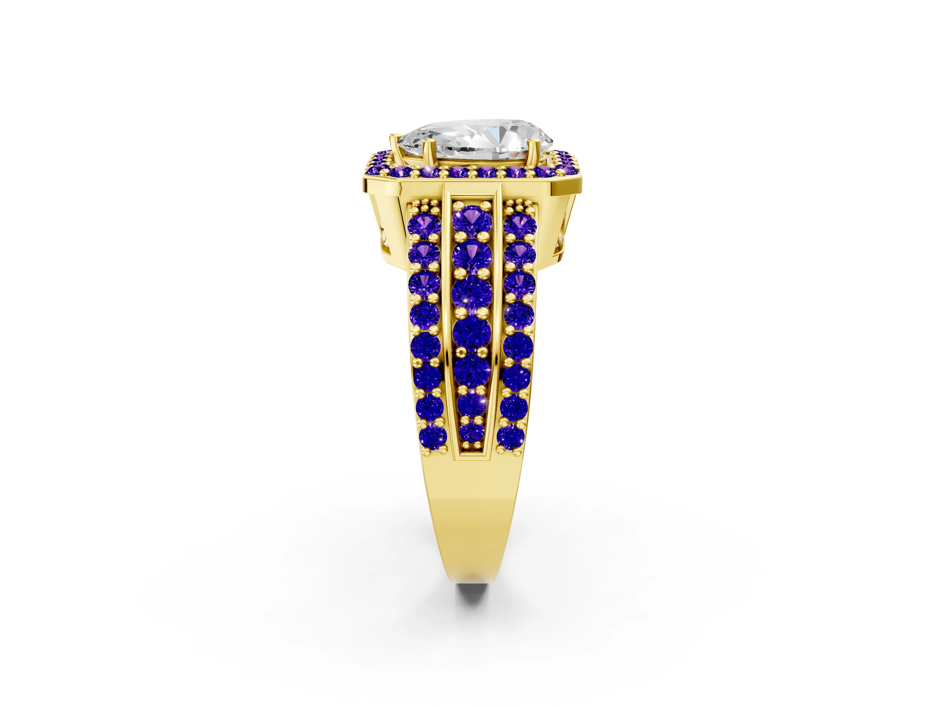 Yellow gold Pear Cut Halo Diamond Ring with Round with Tanzanite side stone Split Shank and Prong Setting_2