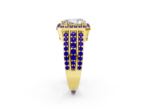 Yellow gold Pear Cut Halo Diamond Ring with Round with Tanzanite side stone Split Shank and Prong Setting_2