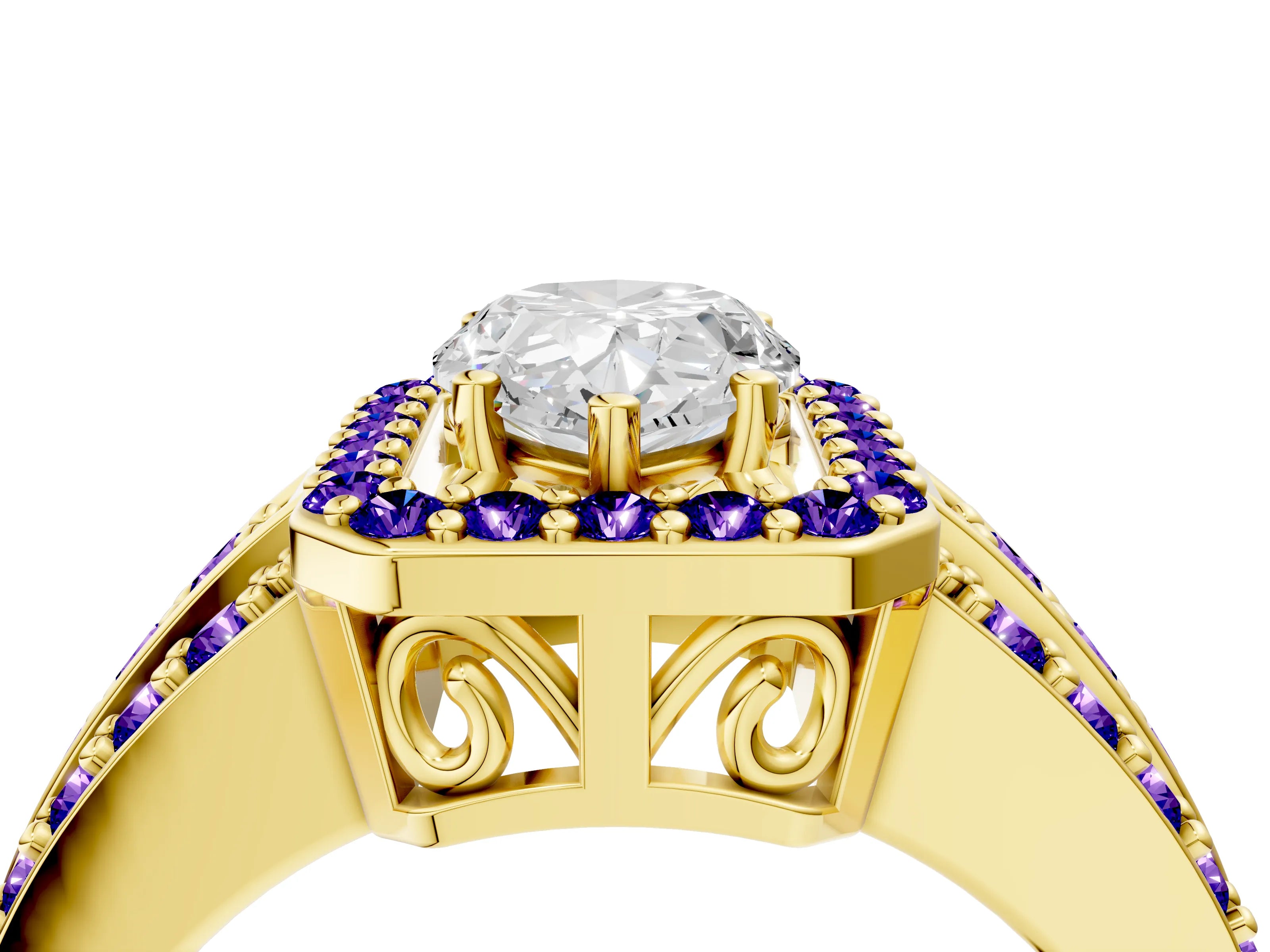 Yellow gold Pear Cut Halo Diamond Ring with Round with Tanzanite side stone Split Shank and Prong Setting_4