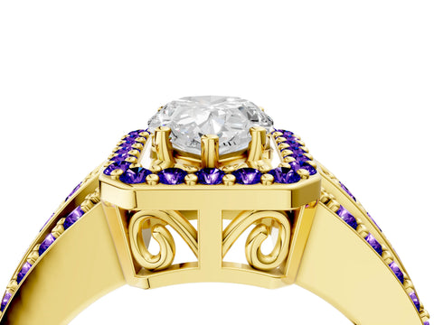 Yellow gold Pear Cut Halo Diamond Ring with Round with Tanzanite side stone Split Shank and Prong Setting_4