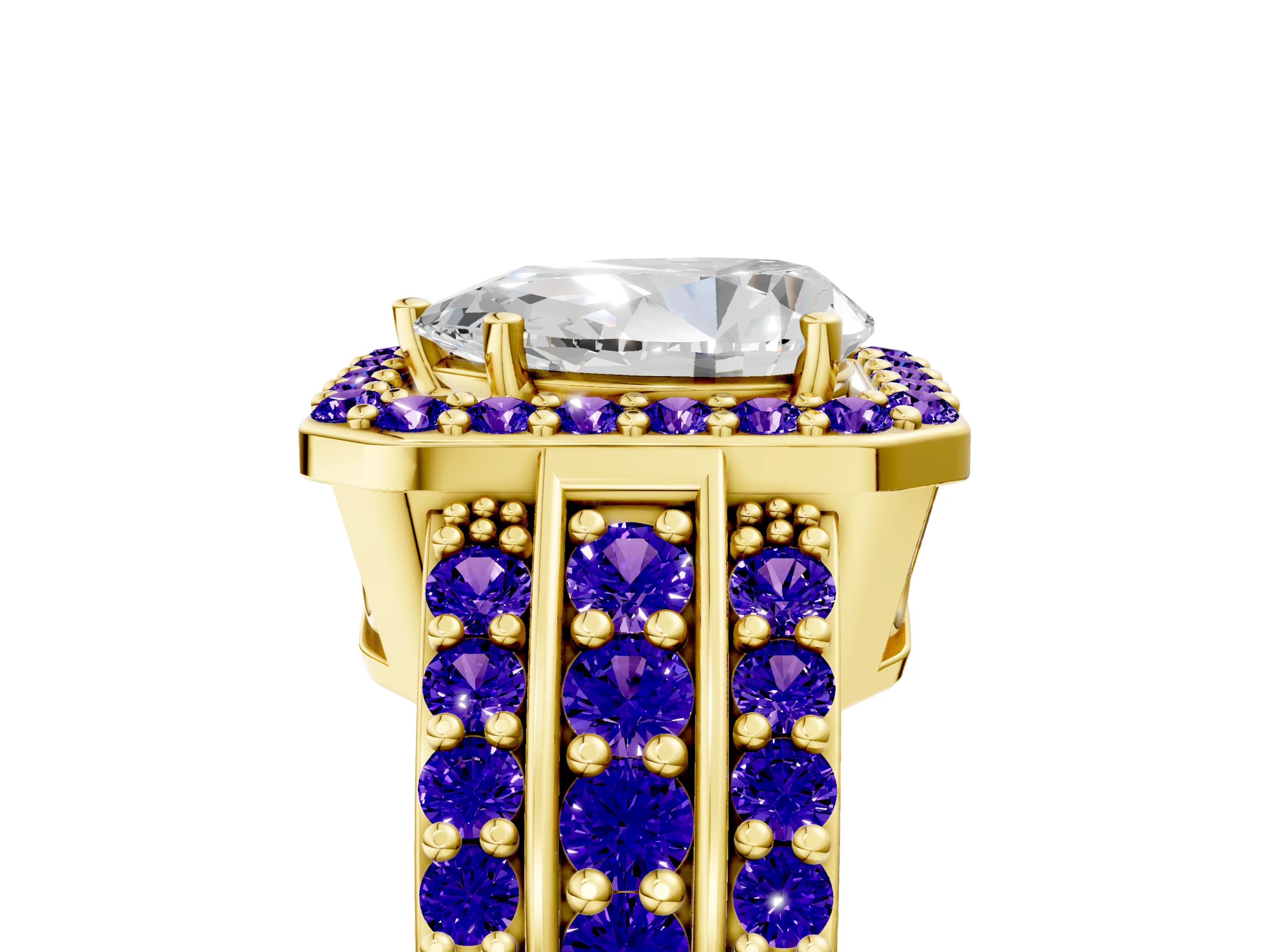 Yellow gold Pear Cut Halo Diamond Ring with Round with Tanzanite side stone Split Shank and Prong Setting_5