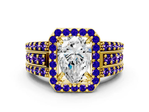 Yellow gold Pear Cut Halo Diamond Ring with Round with Tanzanite side stone Split Shank and Prong Setting