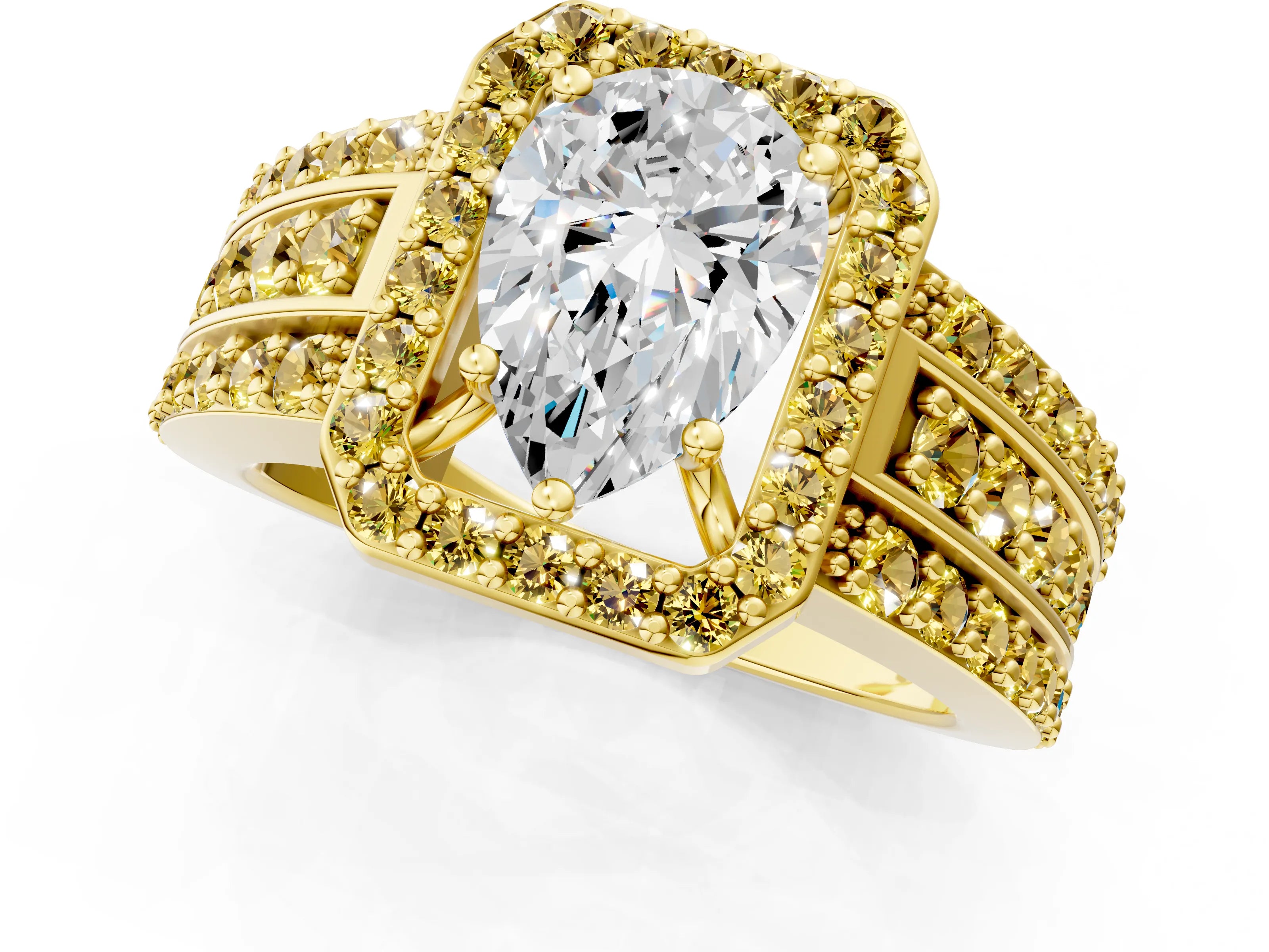 Yellow gold Pear Cut Halo Diamond Ring with Round with Yellow Sapphire side stone Split Shank and Prong Setting_1