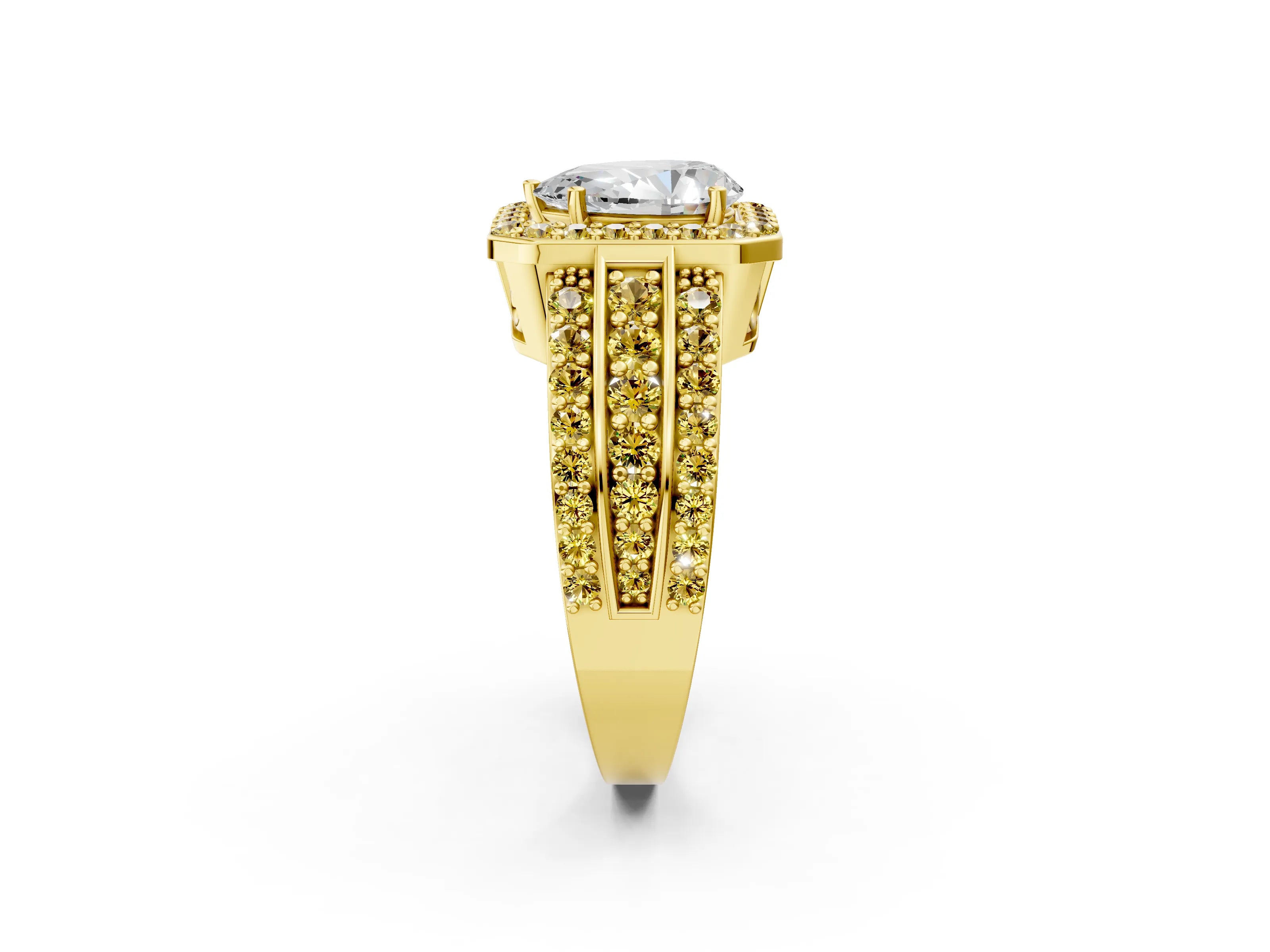 Yellow gold Pear Cut Halo Diamond Ring with Round with Yellow Sapphire side stone Split Shank and Prong Setting_2