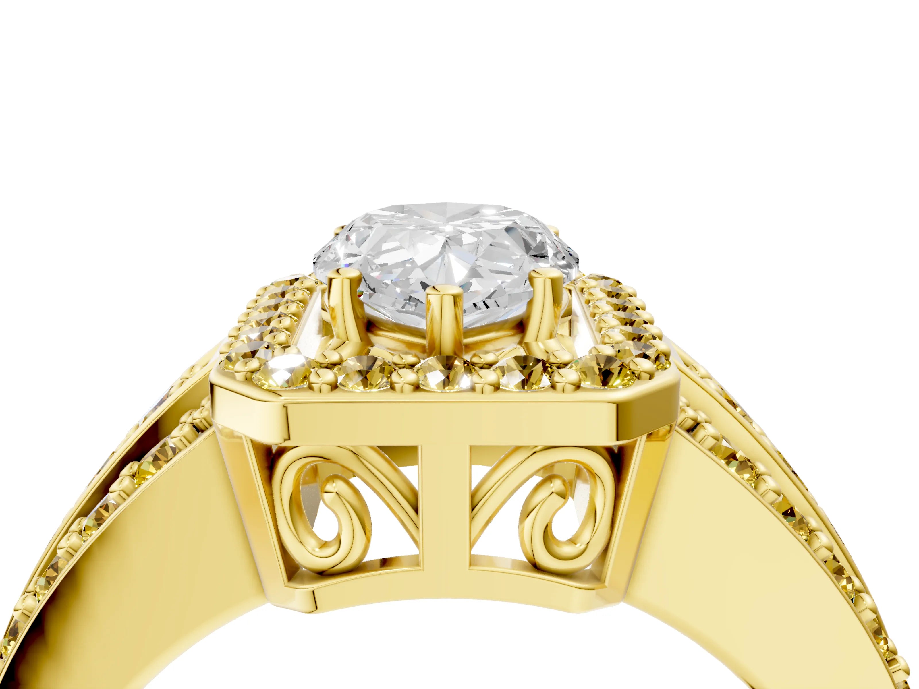 Yellow gold Pear Cut Halo Diamond Ring with Round with Yellow Sapphire side stone Split Shank and Prong Setting_4