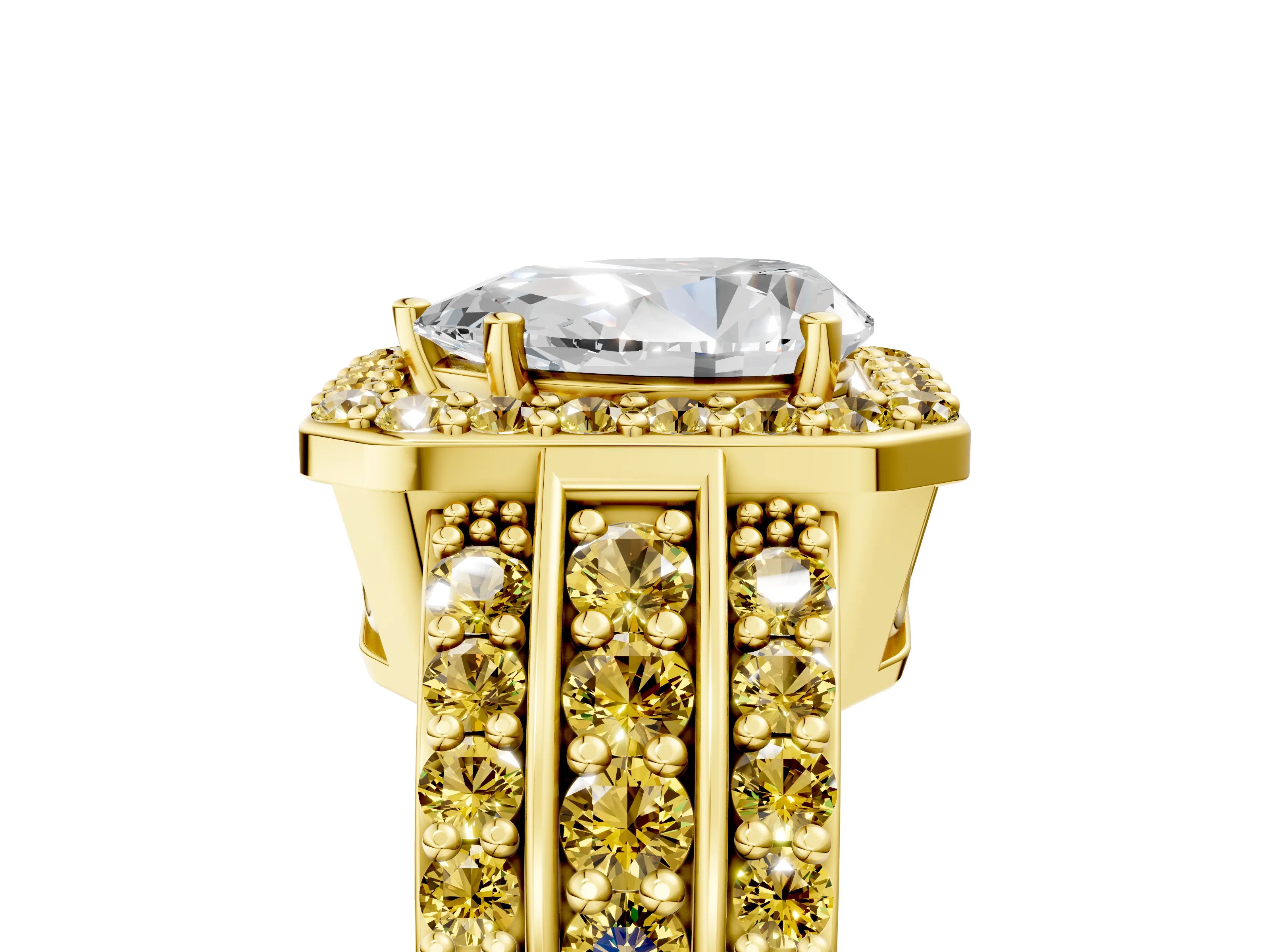 Yellow gold Pear Cut Halo Diamond Ring with Round with Yellow Sapphire side stone Split Shank and Prong Setting_5