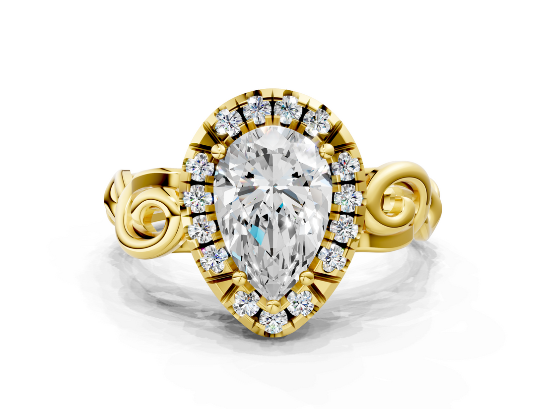Yellow gold Pear Cut Halo Diamond Ring with Scrollwork Band and Four-Prong Setting_57