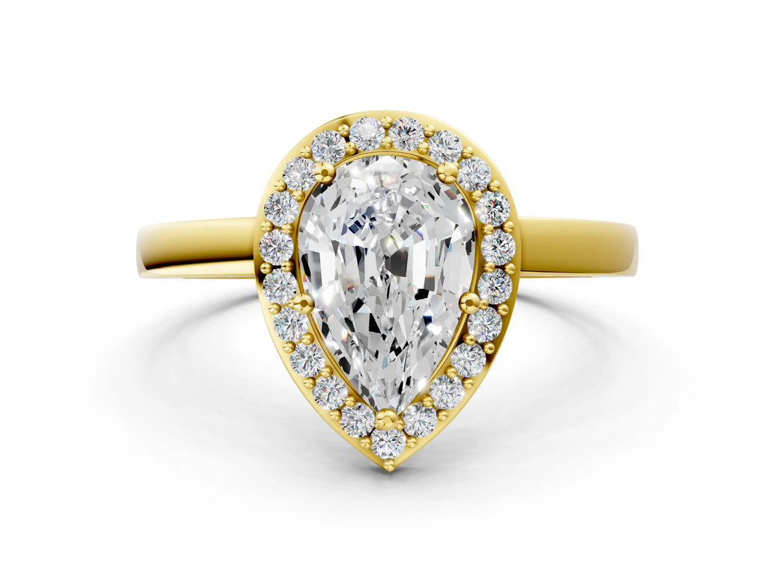 Yellow gold Pear Cut Halo Diamond Ring with Solitaire Band and Prong Setting_13