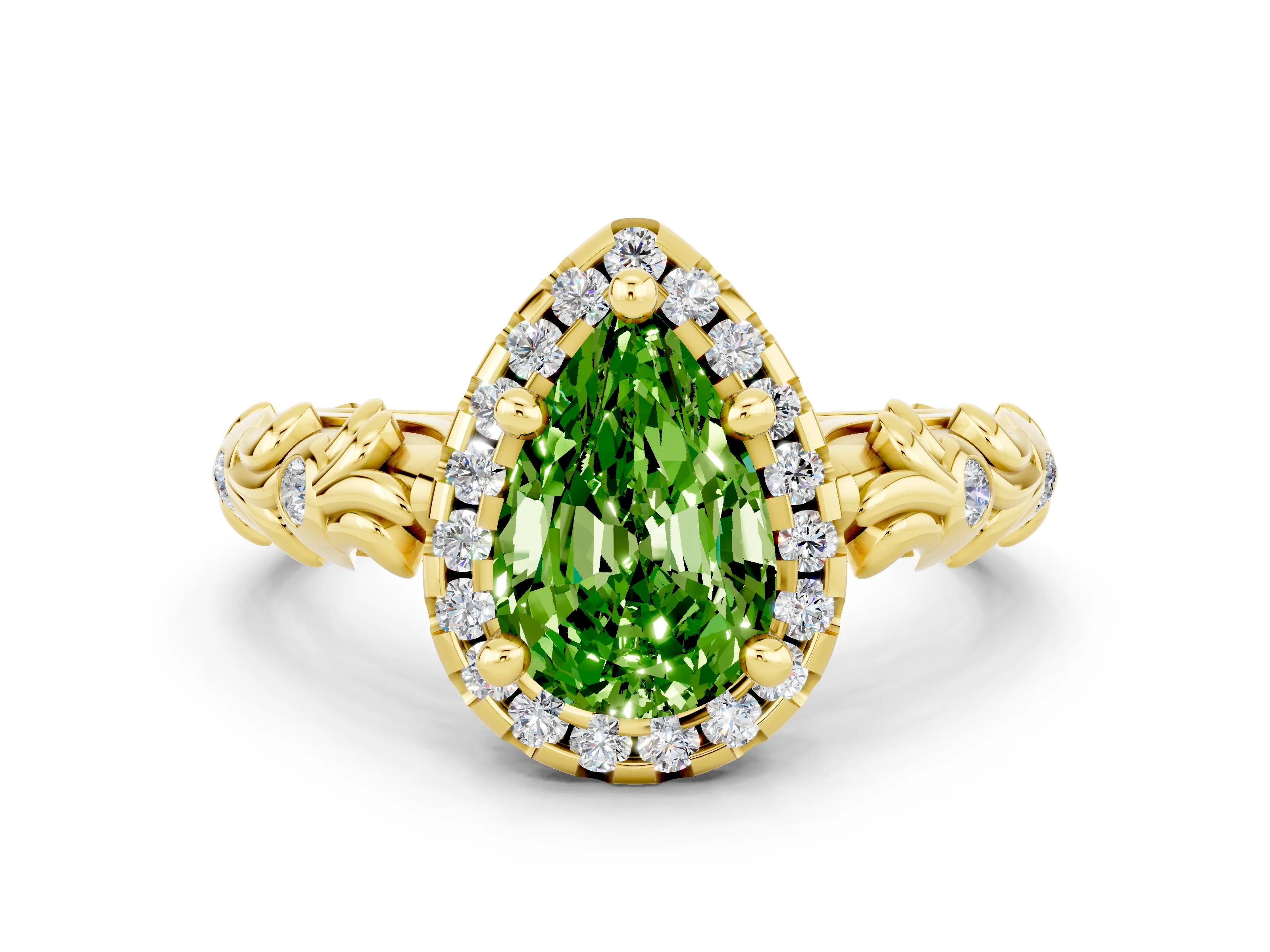 Yellow gold Pear Cut Halo Diamond Solitaire with Filigree Band and Four-Prong Setting