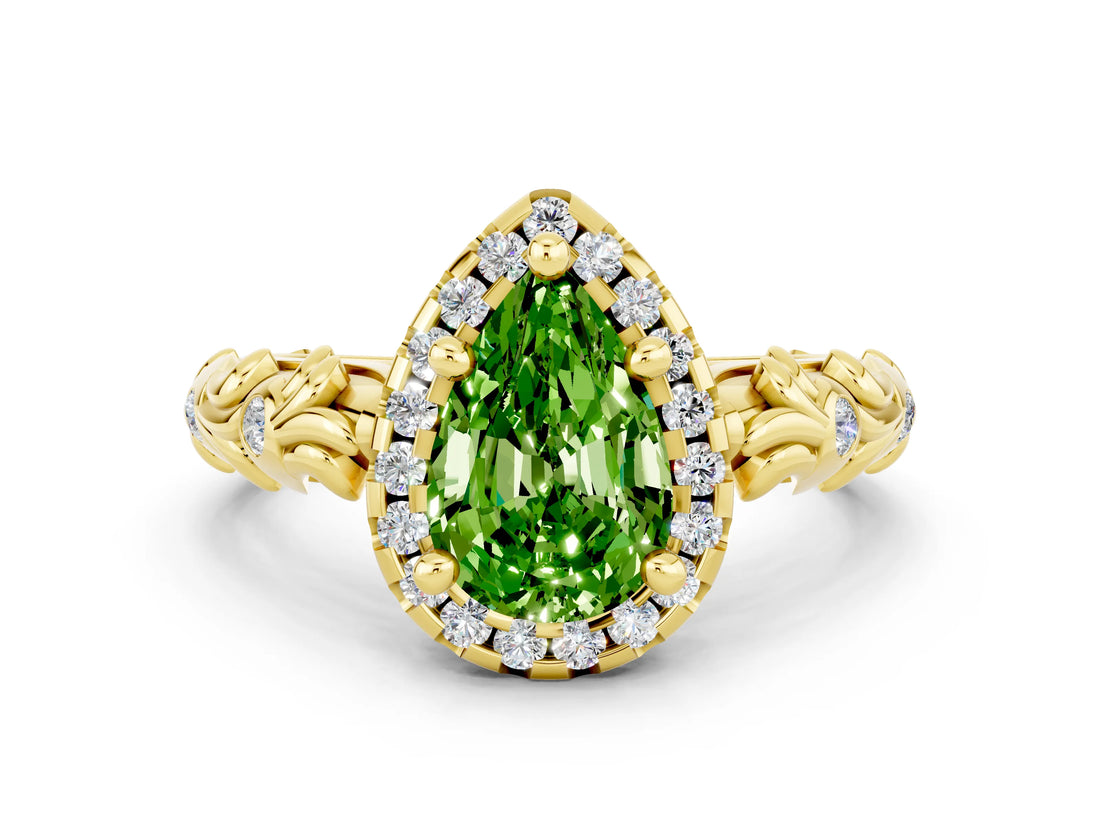 Yellow gold Pear Cut Halo Diamond Solitaire with Filigree Band and Four-Prong Setting