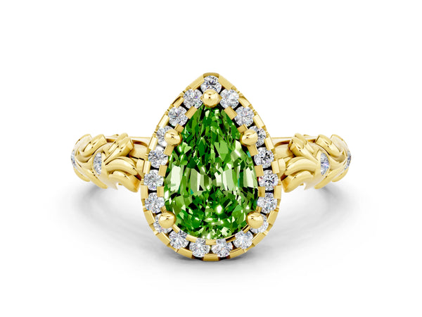 Yellow gold Pear Cut Peridot Halo Ring with Filigree Band and Prong Setting