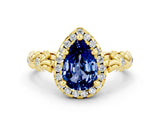 Yellow gold Pear Cut Halo Diamond Solitaire with Filigree Band and Four-Prong Setting