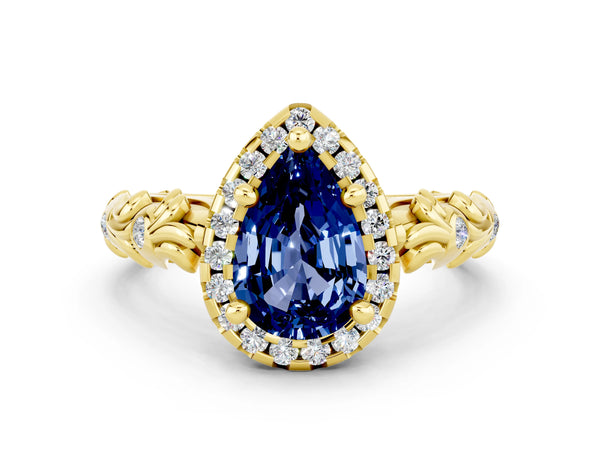 Yellow gold Pear Cut Blue Sapphire Halo Ring with Filigree Band and Prong Setting