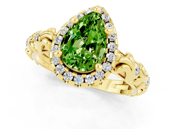 Yellow gold Pear Cut Peridot Halo Ring with Filigree Band and Prong Setting
