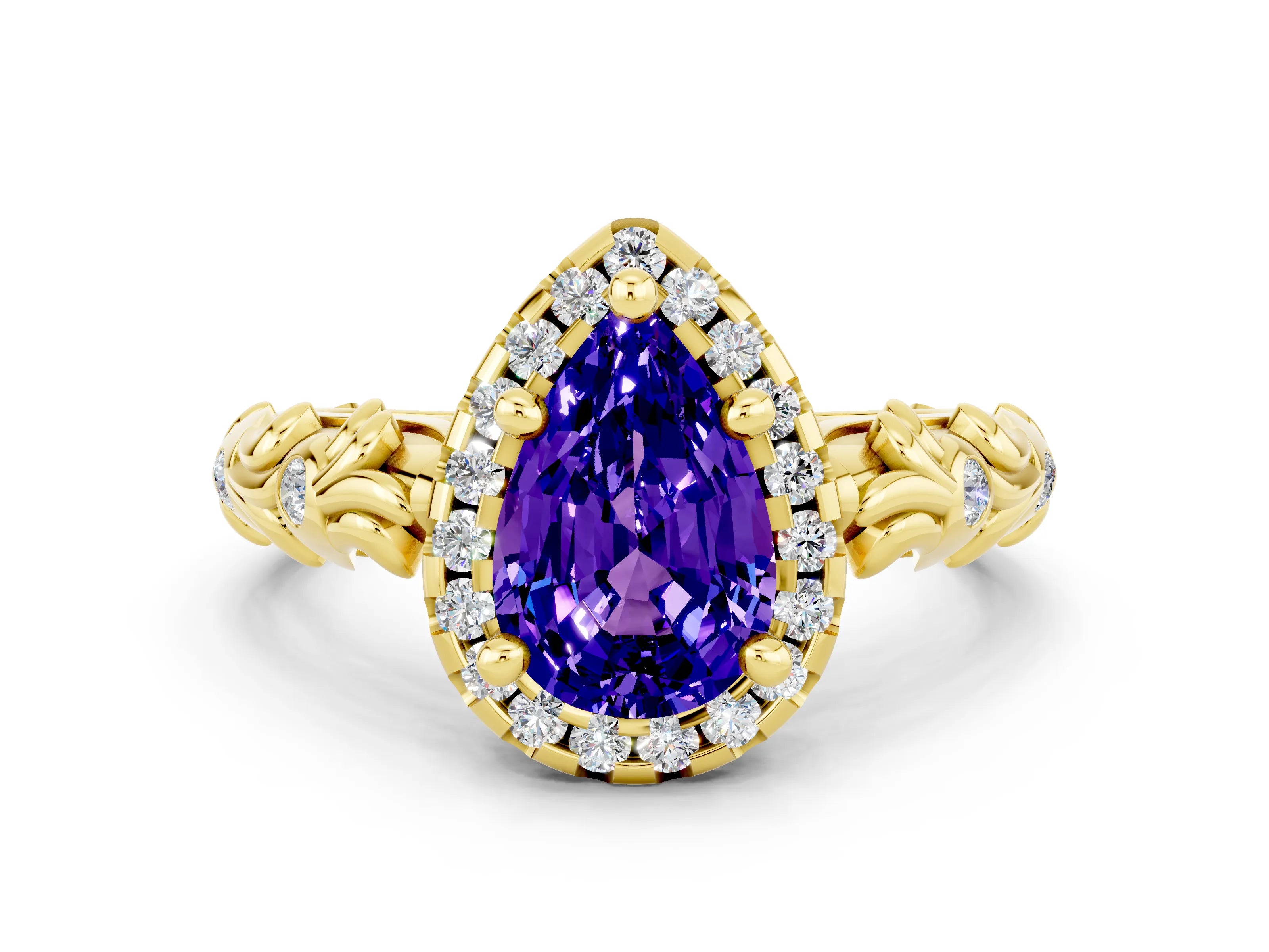 Yellow gold Pear Cut Halo Diamond Solitaire with Filigree Band and Four-Prong Setting