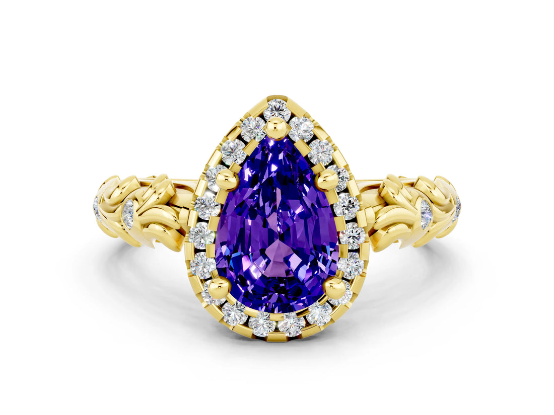 Yellow gold Pear Cut Halo Diamond Solitaire with Filigree Band and Four-Prong Setting
