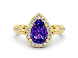 Yellow gold Pear Cut Halo Diamond Solitaire with Filigree Band and Four-Prong Setting