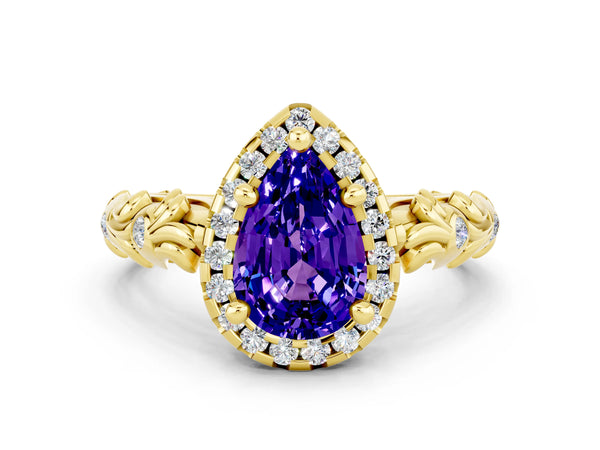 Yellow gold Pear Cut Tanzanite Halo Ring with Filigree Band and Prong Setting