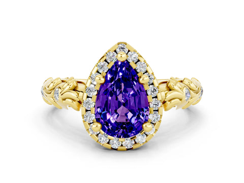 Yellow gold Pear Cut Halo Diamond Solitaire with Filigree Band and Four-Prong Setting