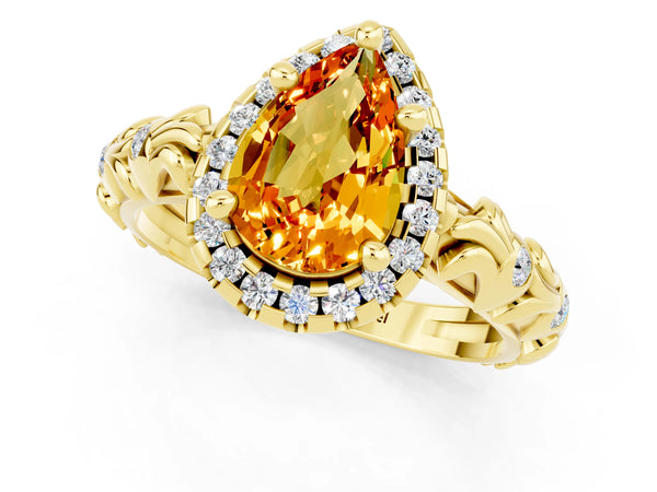 Yellow gold Pear Cut Citrine Halo Ring with Filigree Band and Prong Setting