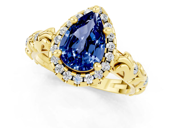 Yellow gold Pear Cut Blue Sapphire Halo Ring with Filigree Band and Prong Setting