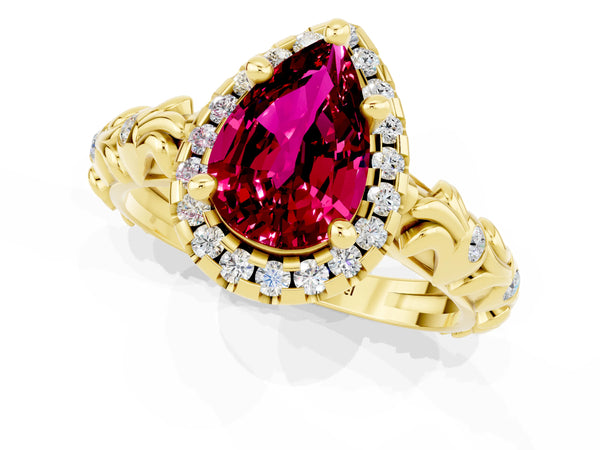 Yellow gold Pear Cut Garnet Halo Ring with Filigree Band and Prong Setting