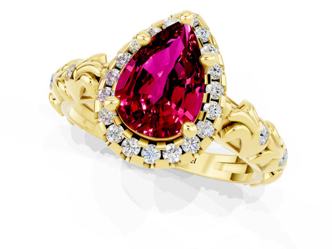 Yellow gold Pear Cut Halo Diamond Solitaire with Filigree Band and Four-Prong Setting_1