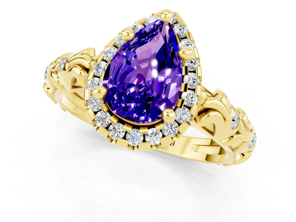 Yellow gold Pear Cut Tanzanite Halo Ring with Filigree Band and Prong Setting