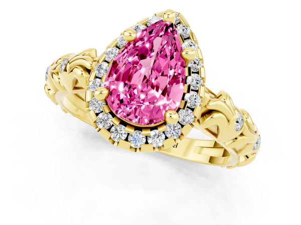 Yellow gold Pear Cut Pink Sapphire Halo Ring with Filigree Band and Prong Setting