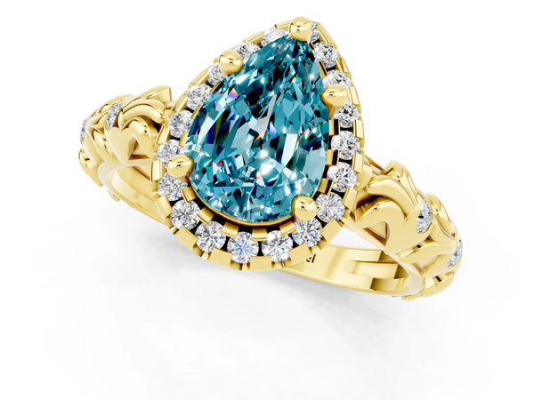 Yellow gold Pear Cut Halo Diamond Solitaire with Filigree Band and Four-Prong Setting