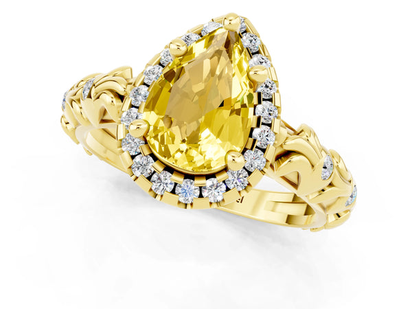 Yellow gold Pear Cut Yellow Sapphire Halo Ring with Filigree Band and Prong Setting
