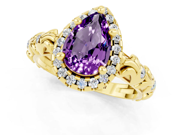 Yellow gold Pear Cut Amethyst Halo Ring with Filigree Band and Prong Setting