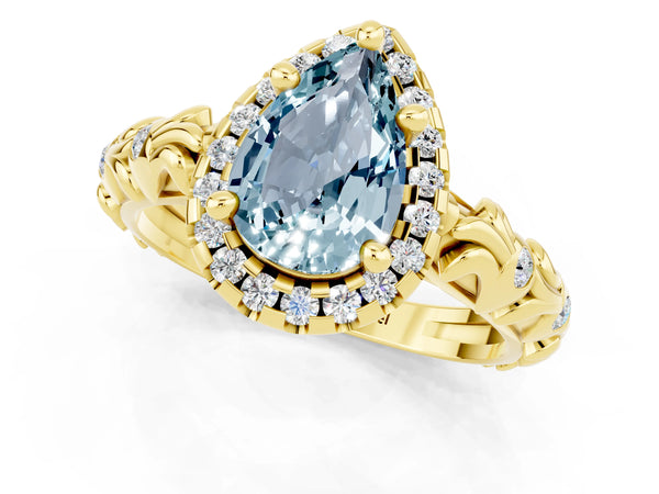 Yellow gold Pear Cut Aquamarine Halo Ring with Filigree Band and Prong Setting