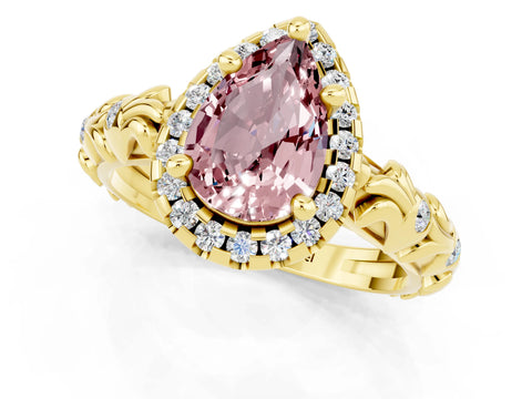 Yellow gold Pear Cut Halo Diamond Solitaire with Filigree Band and Four-Prong Setting_1