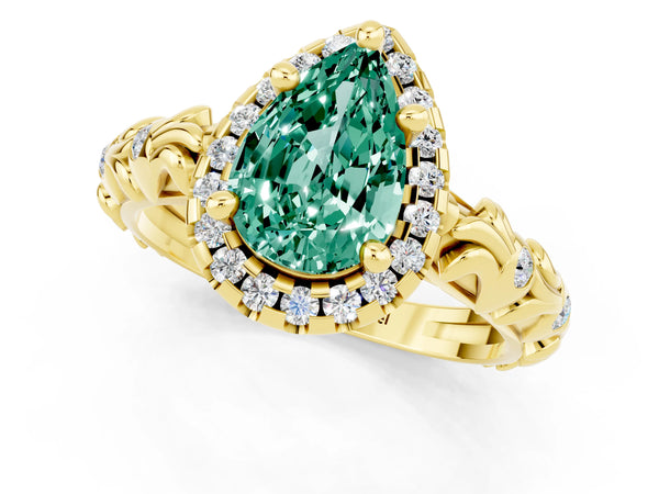 Yellow gold Pear Cut Green Sapphire Halo Ring with Filigree Band and Prong Setting