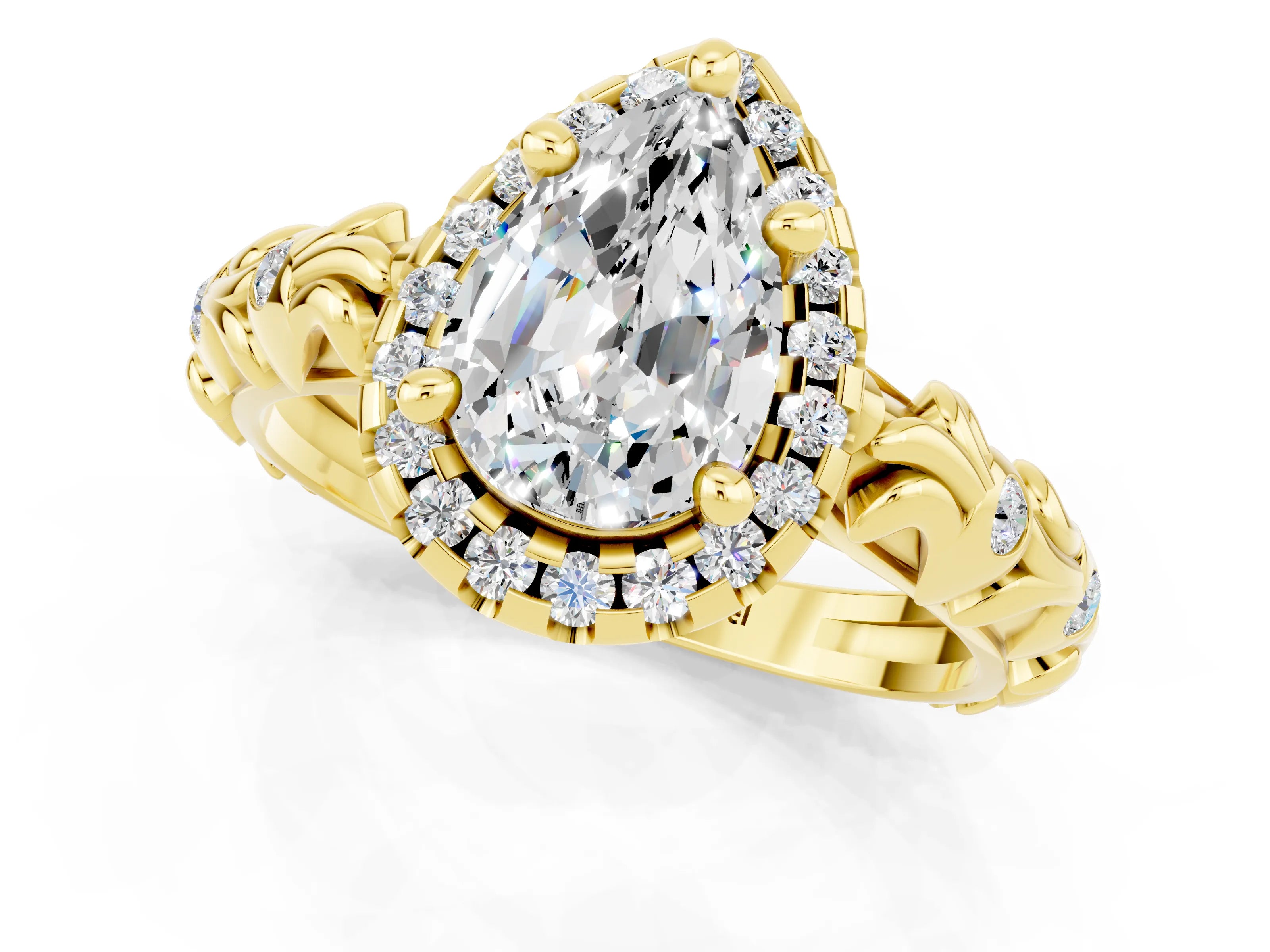 Yellow gold Pear Cut Halo Diamond Solitaire with Filigree Band and Four-Prong Setting_1