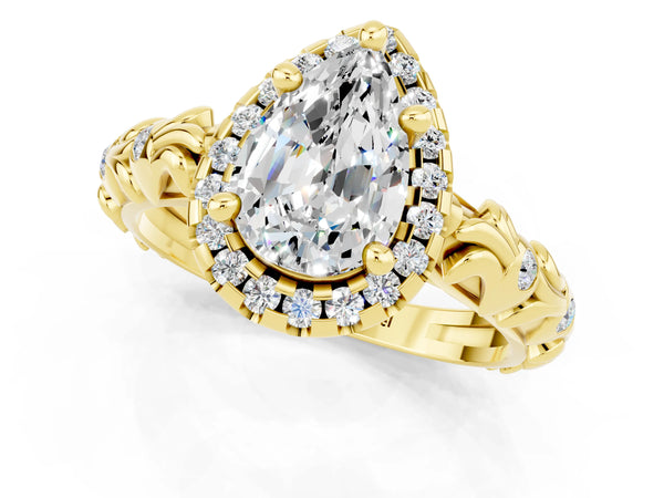 Yellow gold Pear Cut Moissanite Halo Ring with Filigree Band and Prong Setting