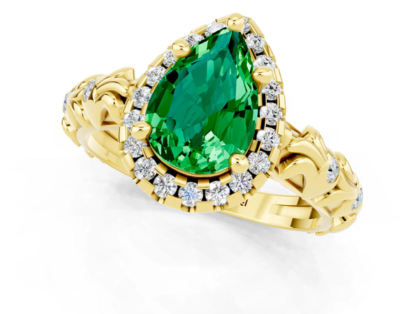 Yellow gold Pear Cut Emerald Halo Ring with Filigree Band and Prong Setting