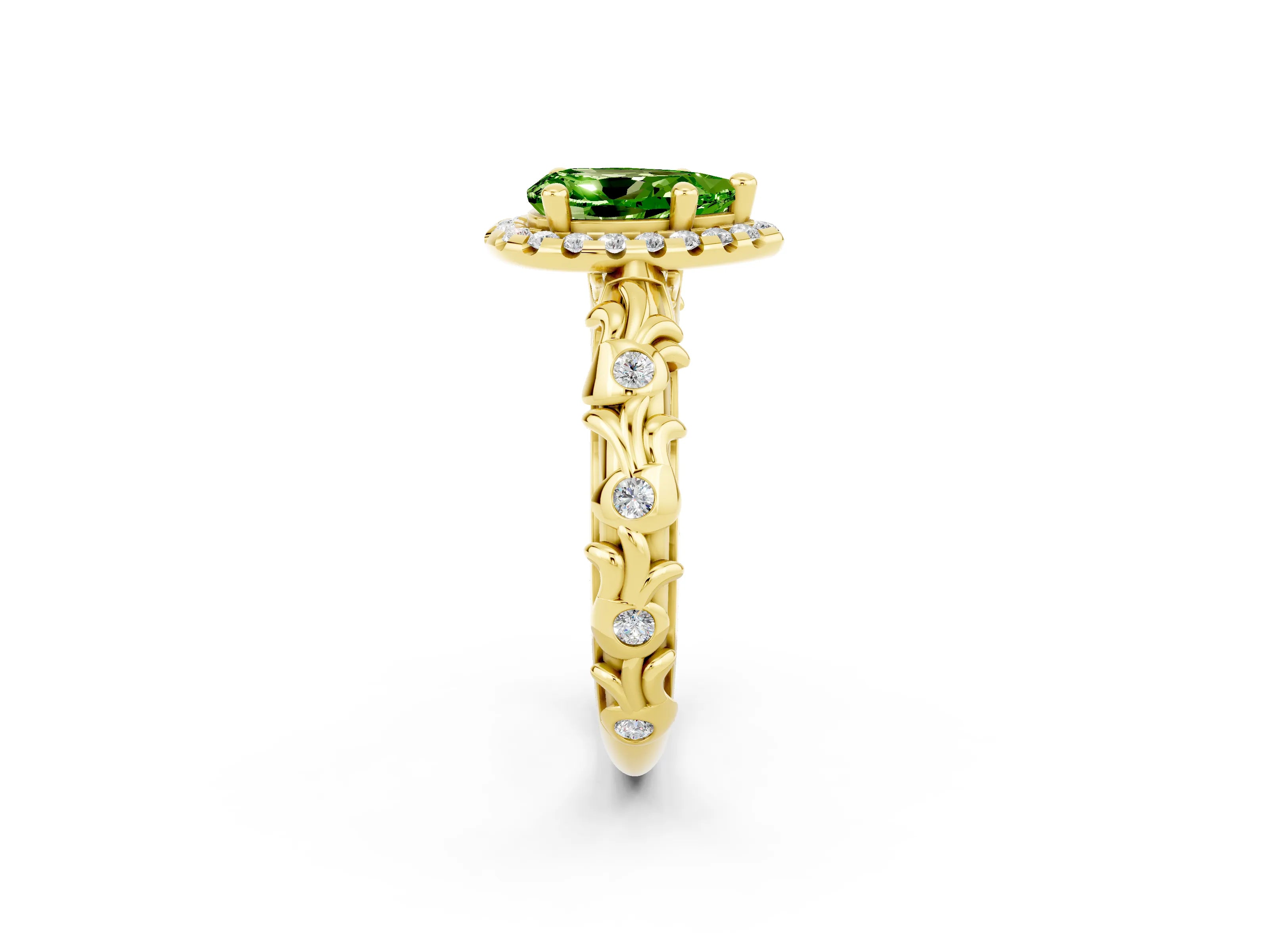 Yellow gold Pear Cut Halo Diamond Solitaire with Filigree Band and Four-Prong Setting_2