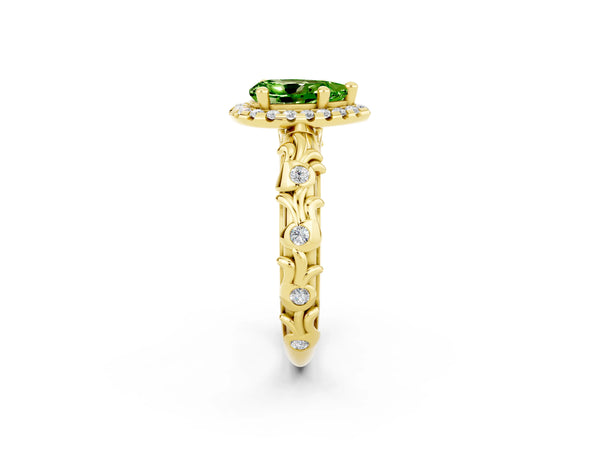 Yellow gold Pear Cut Peridot Halo Ring with Filigree Band and Prong Setting