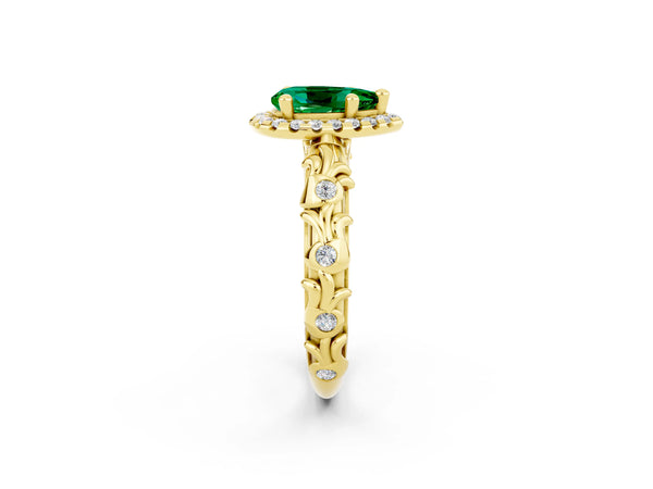 Yellow gold Pear Cut Emerald Halo Ring with Filigree Band and Prong Setting