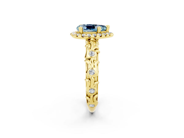 Yellow gold Pear Cut Aquamarine Halo Ring with Filigree Band and Prong Setting