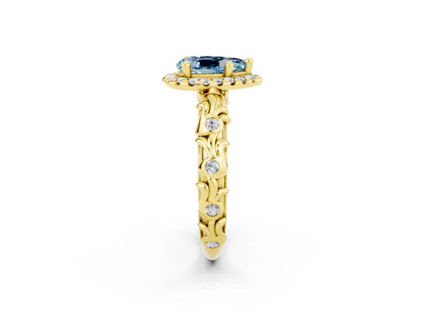 Yellow gold Pear Cut Halo Diamond Solitaire with Filigree Band and Four-Prong Setting_2
