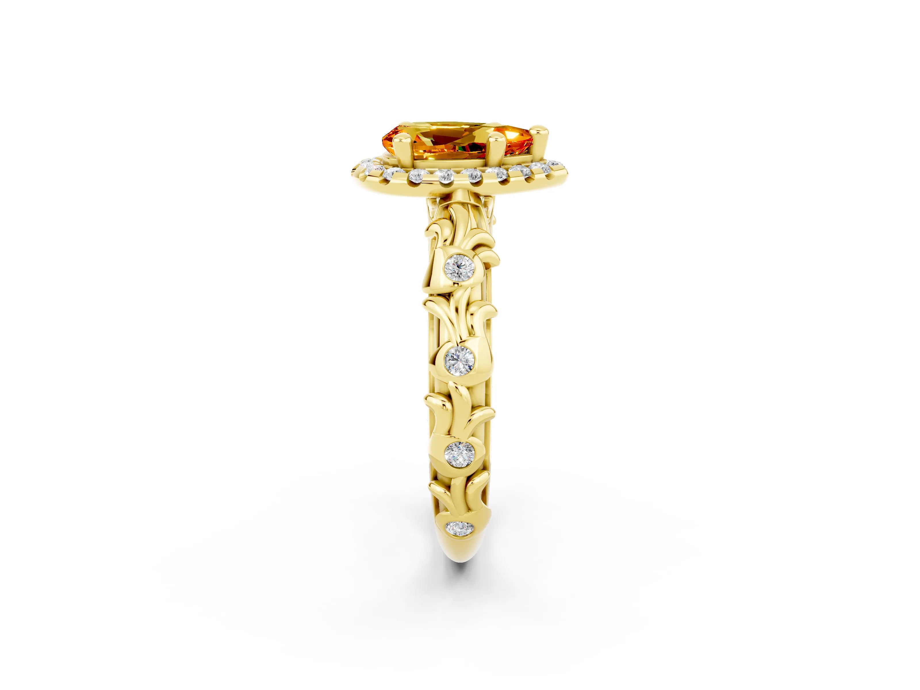 Yellow gold Pear Cut Halo Diamond Solitaire with Filigree Band and Four-Prong Setting_2