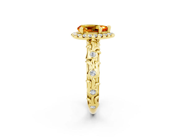 Yellow gold Pear Cut Citrine Halo Ring with Filigree Band and Prong Setting