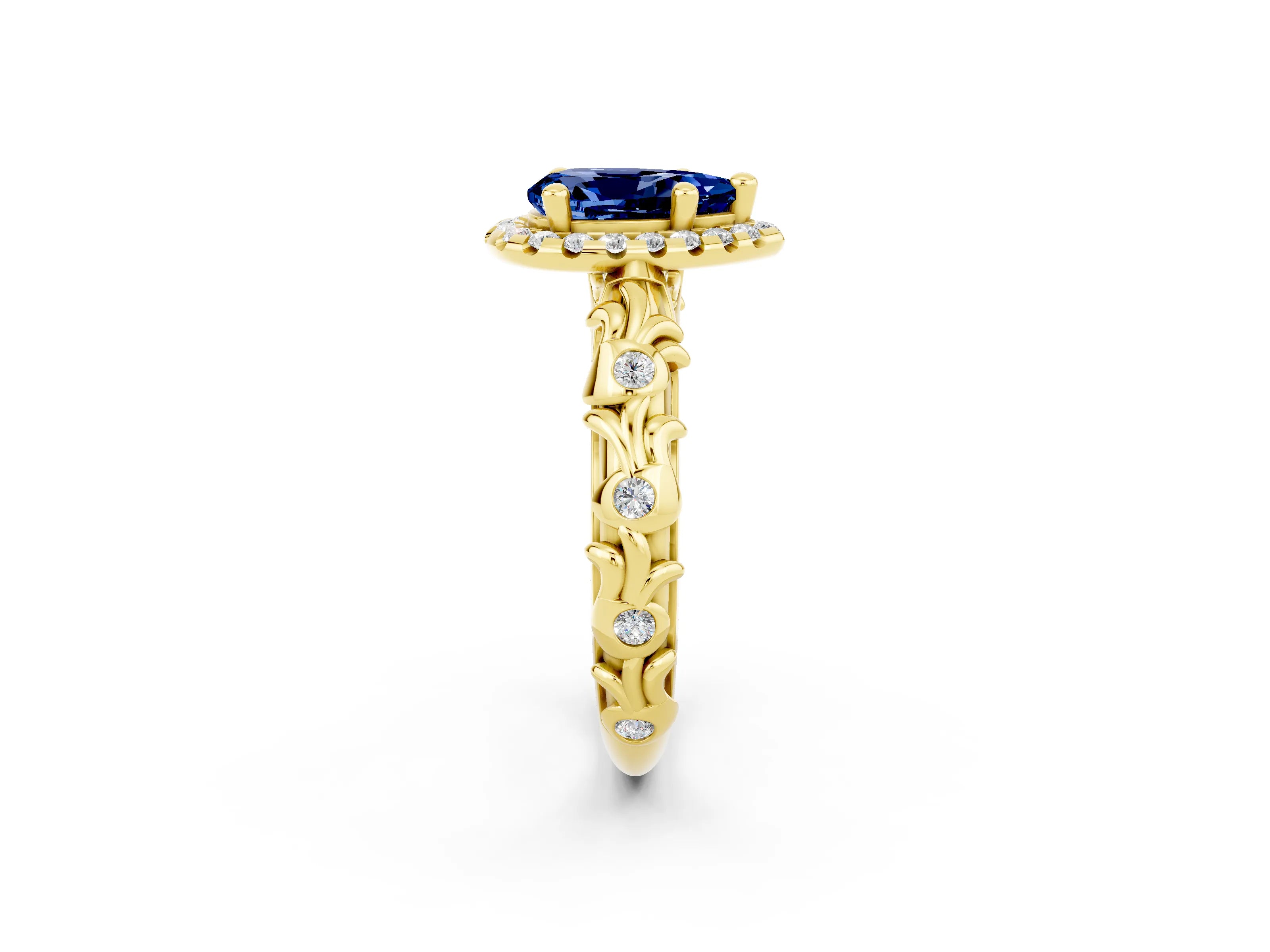 Yellow gold Pear Cut Halo Diamond Solitaire with Filigree Band and Four-Prong Setting_2